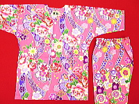 義若オリジナルの子供用鯉口シャツ・ダボシャツ　のしに牡丹と桜（ピンク）　上下組